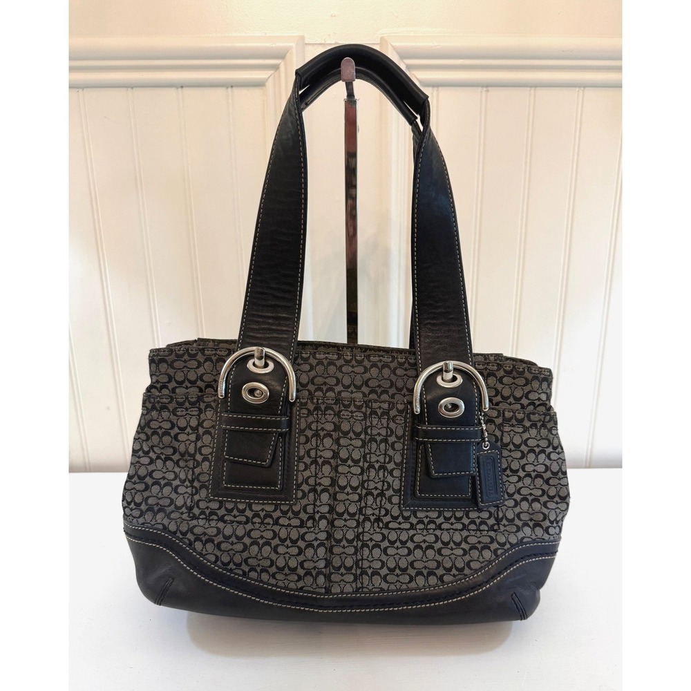 COACH F10927 Black Canvas Leather Tote Hand Bag Soho Mini Signature Y2K Purse